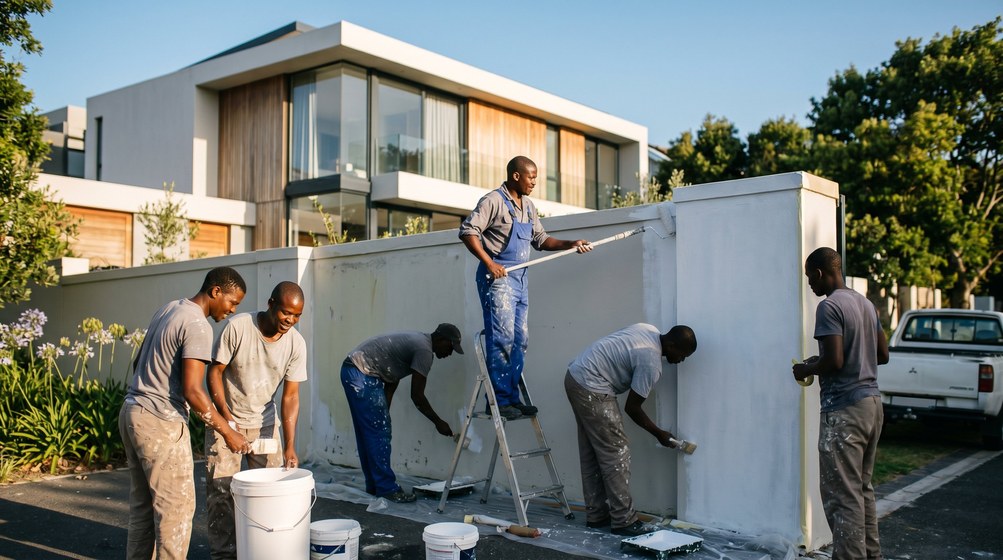 Professional team painting a boundary wall at a modern home in Bloubergstrand