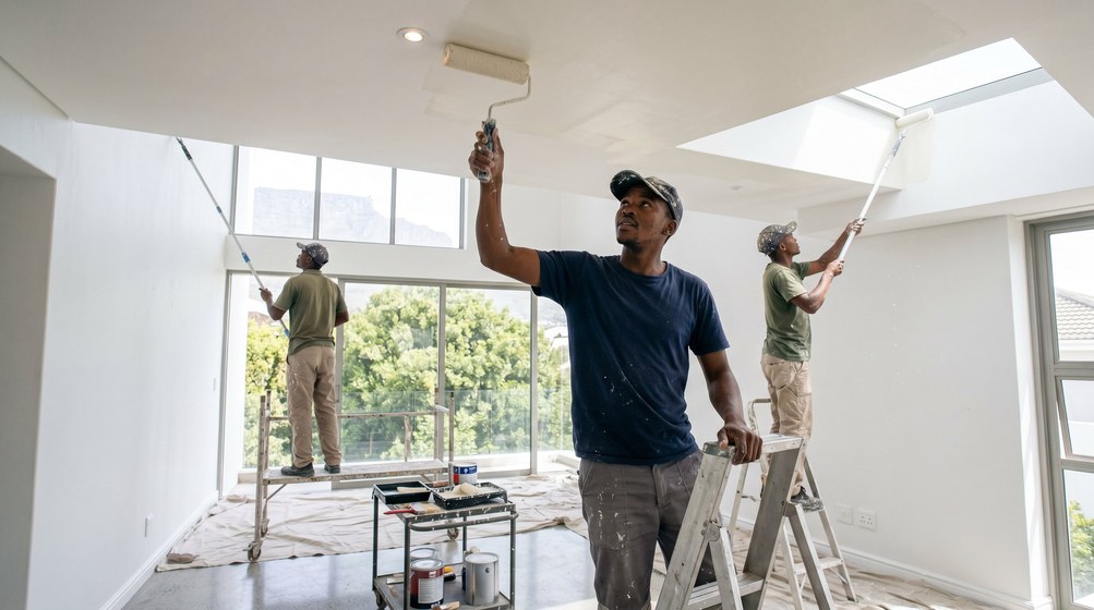 Professional ceiling painters rolling white paint onto a high ceiling in Bloubergstrand