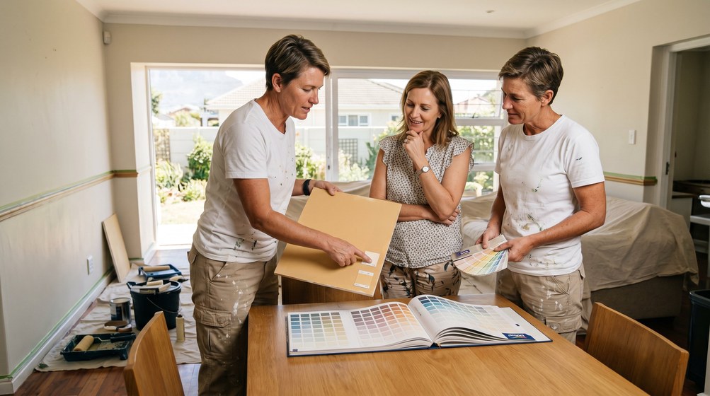 Professional colour consultant showing paint swatches to a homeowner in Bloubergstrand