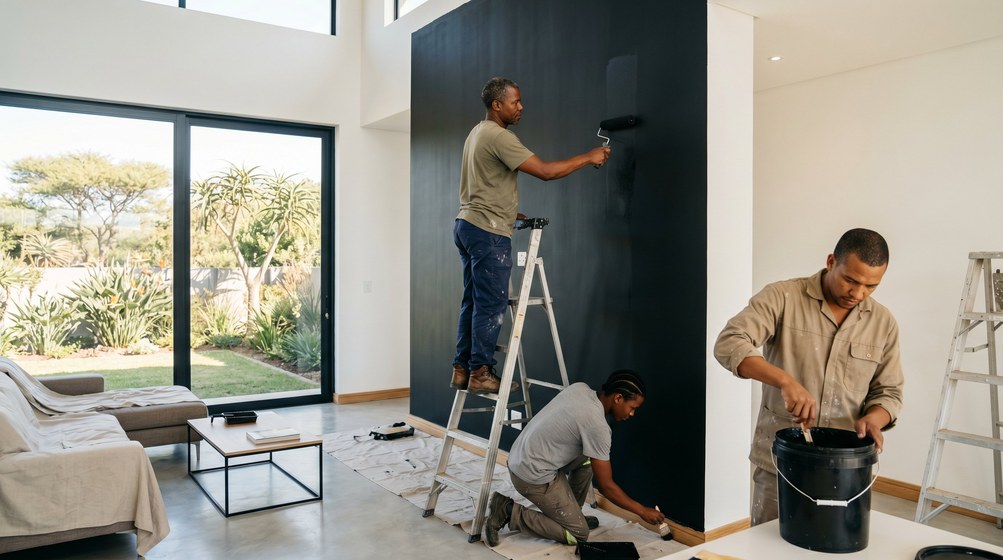 Professional painters creating a bold black feature wall in a modern Bloubergstrand home