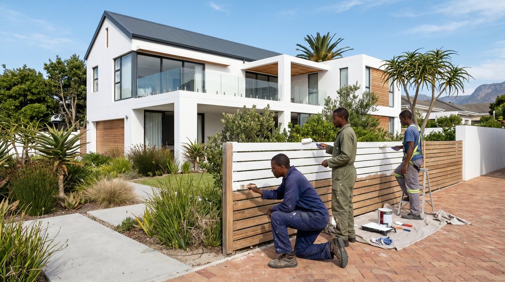 Professional fence painters painting a wooden fence at a coastal home in Bloubergstrand