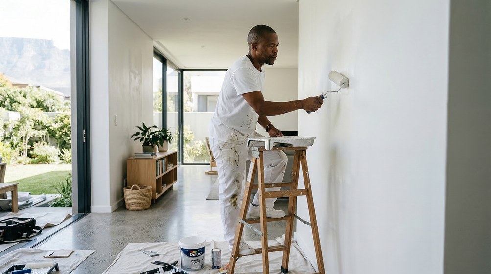 Professional interior painter in Bloubergstrand painting walls with a roller