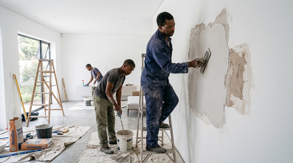 Professional plaster repair team skim coating damaged walls in Bloubergstrand