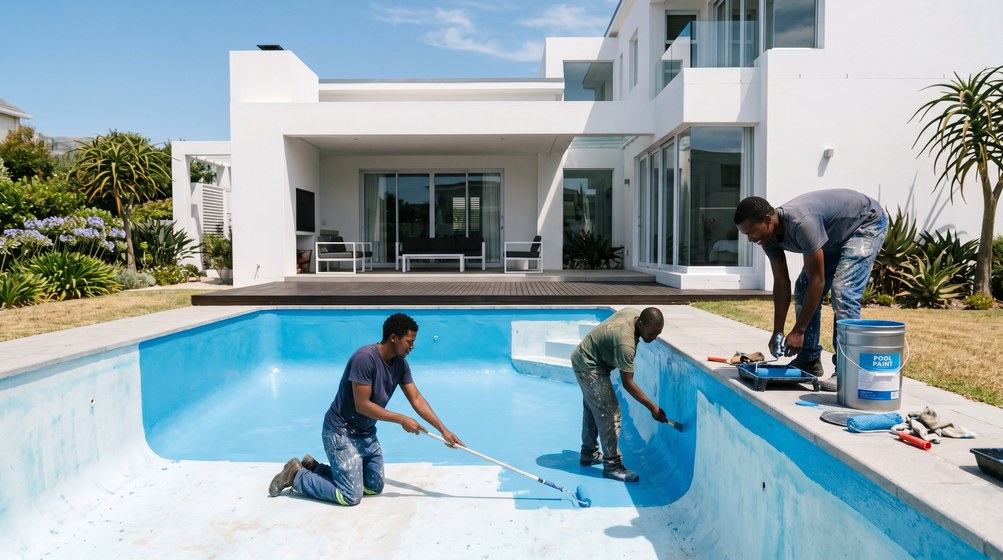 Professional pool painters applying blue pool paint to a swimming pool in Bloubergstrand