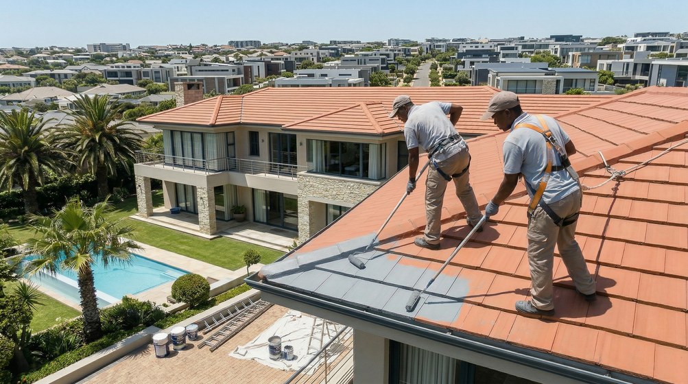 Professional roof painters applying waterproof coating to tiled roof in Bloubergstrand