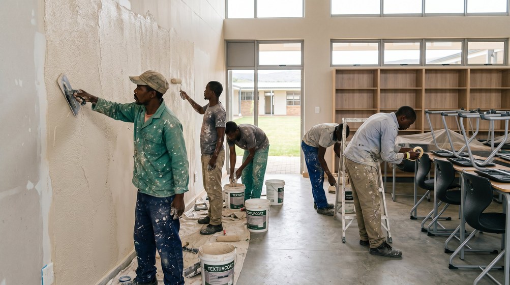 Professional texture coating team applying Texturcoat to interior walls in Bloubergstrand