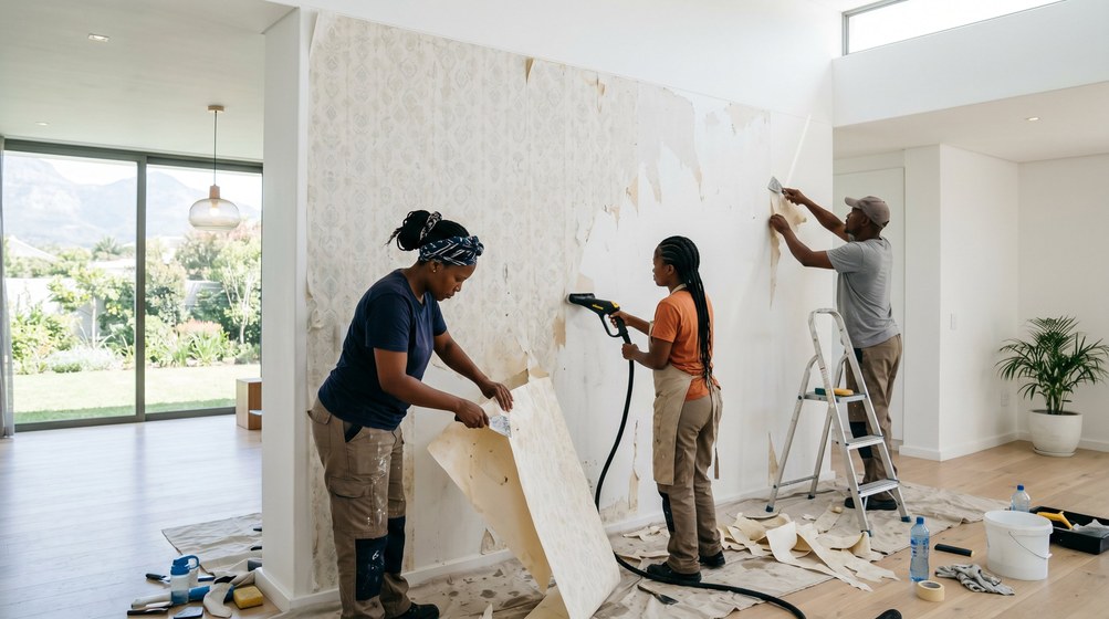 Professional wallpaper removal team stripping old wallpaper in a Bloubergstrand home