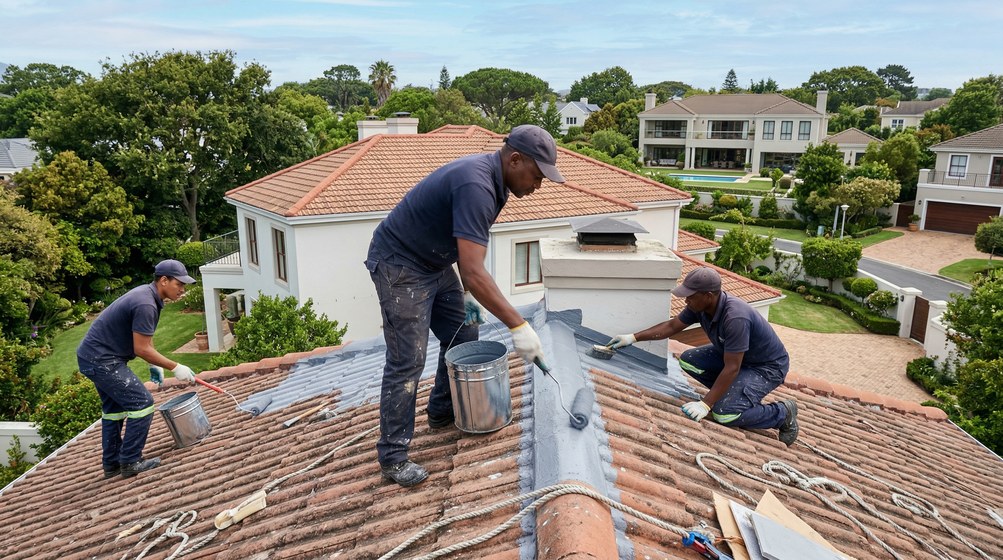 Professional waterproofing team applying membrane to roof in Bloubergstrand