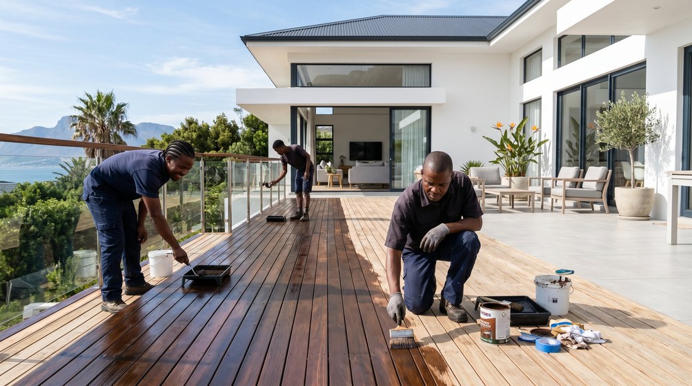 Professional wood staining team applying deck stain overlooking the ocean in Bloubergstrand